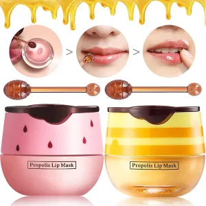 2 Pack Bee Lip Balm Honey Pot, Honey & Strawberry Lip Mask Propolis Lip Mask Moisturizing Hydrating Prevention Dry and Cracked Lip Scrubs Exfoliator (Honey Strawberry)