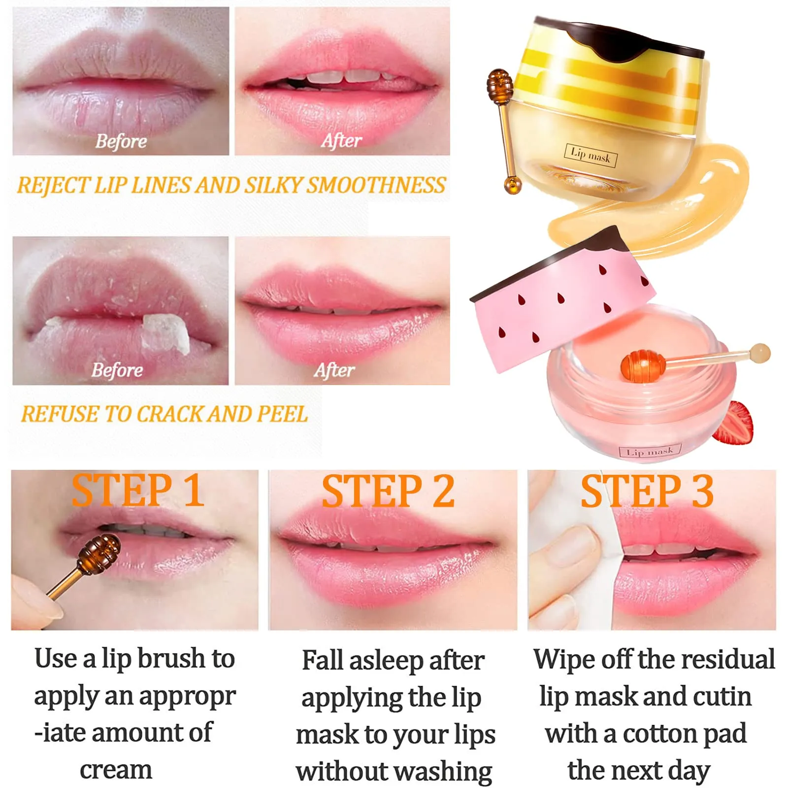 2 Pack Bee Lip Balm Honey Pot, Honey & Strawberry Lip Mask Propolis Lip Mask Moisturizing Hydrating Prevention Dry and Cracked Lip Scrubs Exfoliator (Honey Strawberry)