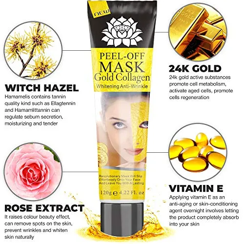 24K Gold Facial Mask Collagen Peel-off with Skin Soft Brush Applicator, Whitening Anti-Wrinkle Lifting Firming Moisturizing Face Skin Care Masks 4.22 Fl.oz (gold60)