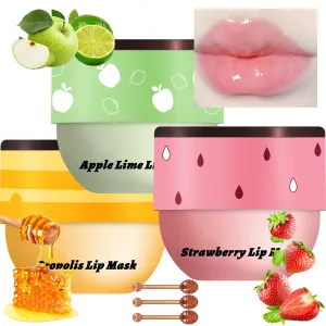 3 Pcs Bee Lip Balm Honey Pot, Honey Strawberry Apple Lip Mask Overnight, Moisturizing Lip Sleeping Mask, Hydrate Repair Prevent Dry Cracked Lip Exfoliator Lip Care (Honey Strawberry Apple Lime)
