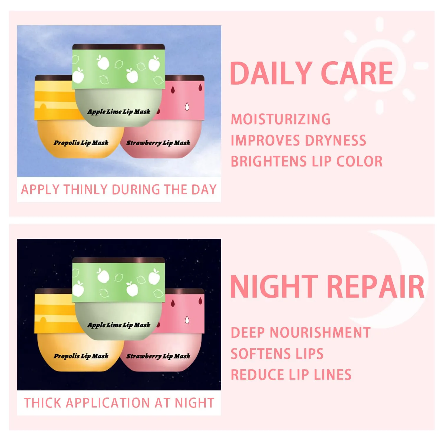 3 Pcs Bee Lip Balm Honey Pot, Honey Strawberry Apple Lip Mask Overnight, Moisturizing Lip Sleeping Mask, Hydrate Repair Prevent Dry Cracked Lip Exfoliator Lip Care (Honey Strawberry Apple Lime)