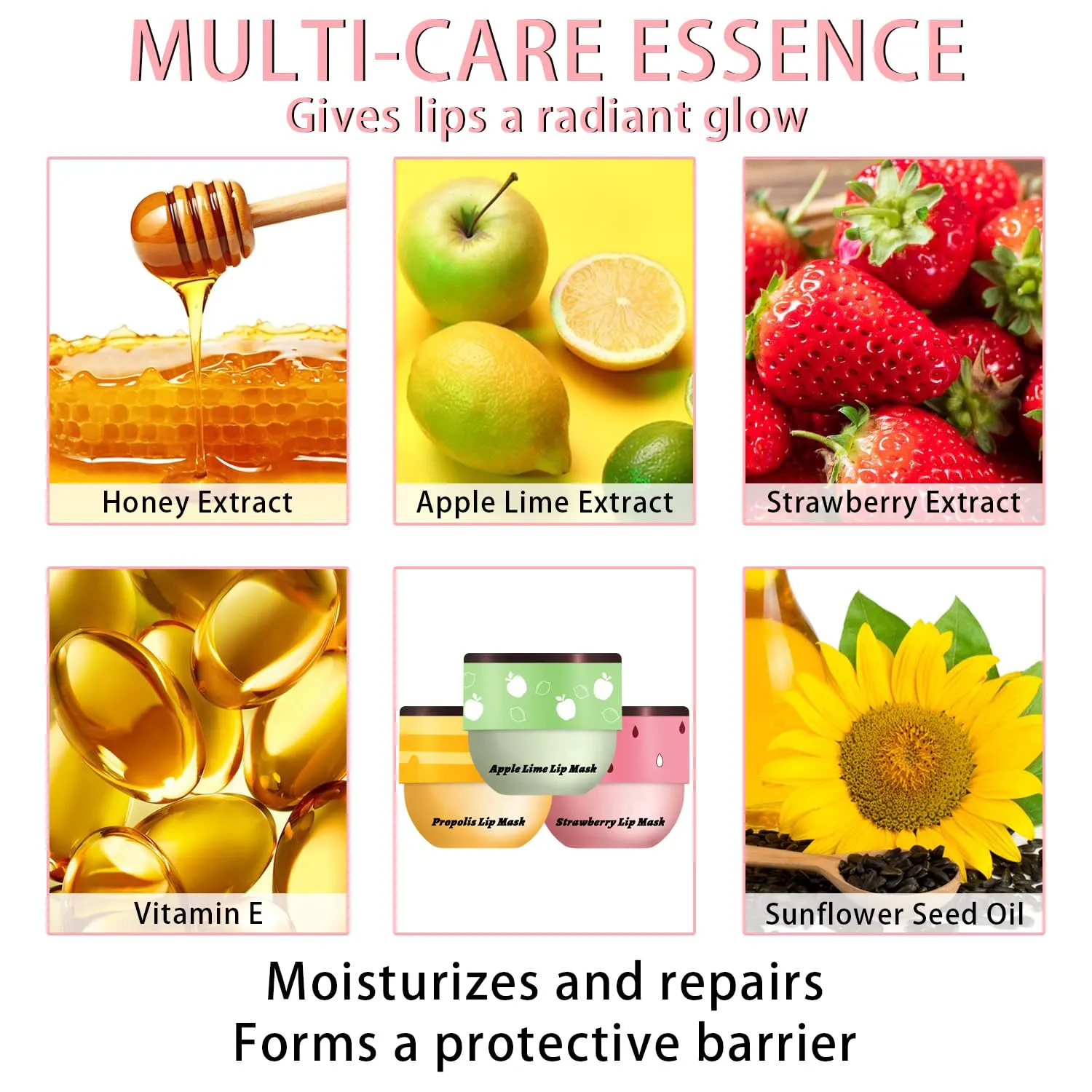 3 Pcs Bee Lip Balm Honey Pot, Honey Strawberry Apple Lip Mask Overnight, Moisturizing Lip Sleeping Mask, Hydrate Repair Prevent Dry Cracked Lip Exfoliator Lip Care (Honey Strawberry Apple Lime)