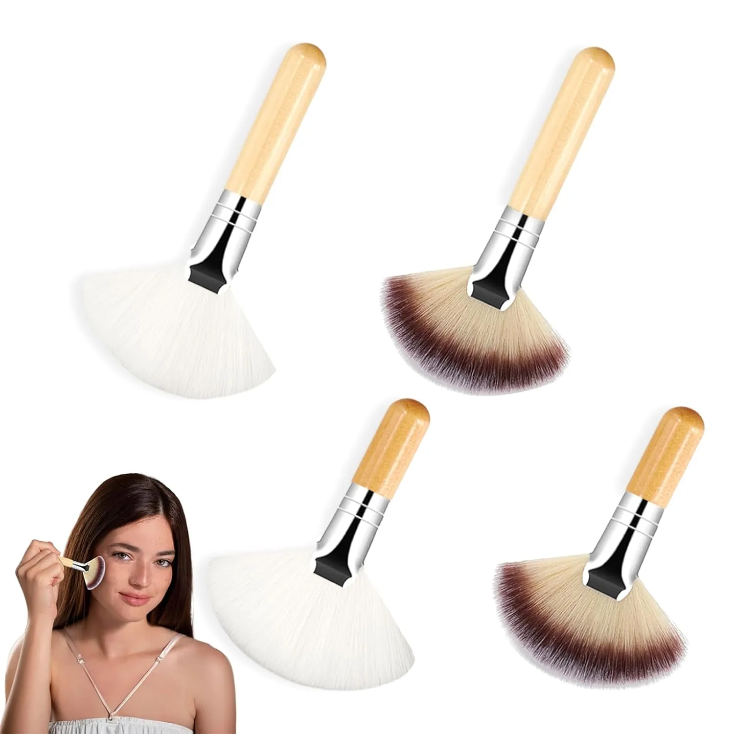 4 PCS Facial Brushes Esthetician, Fan Brushes Esthetician, Face Soft Bristle Highlighting Blush, Long Handle and Short Handle for Ladies and Girls Loose Powder Blush