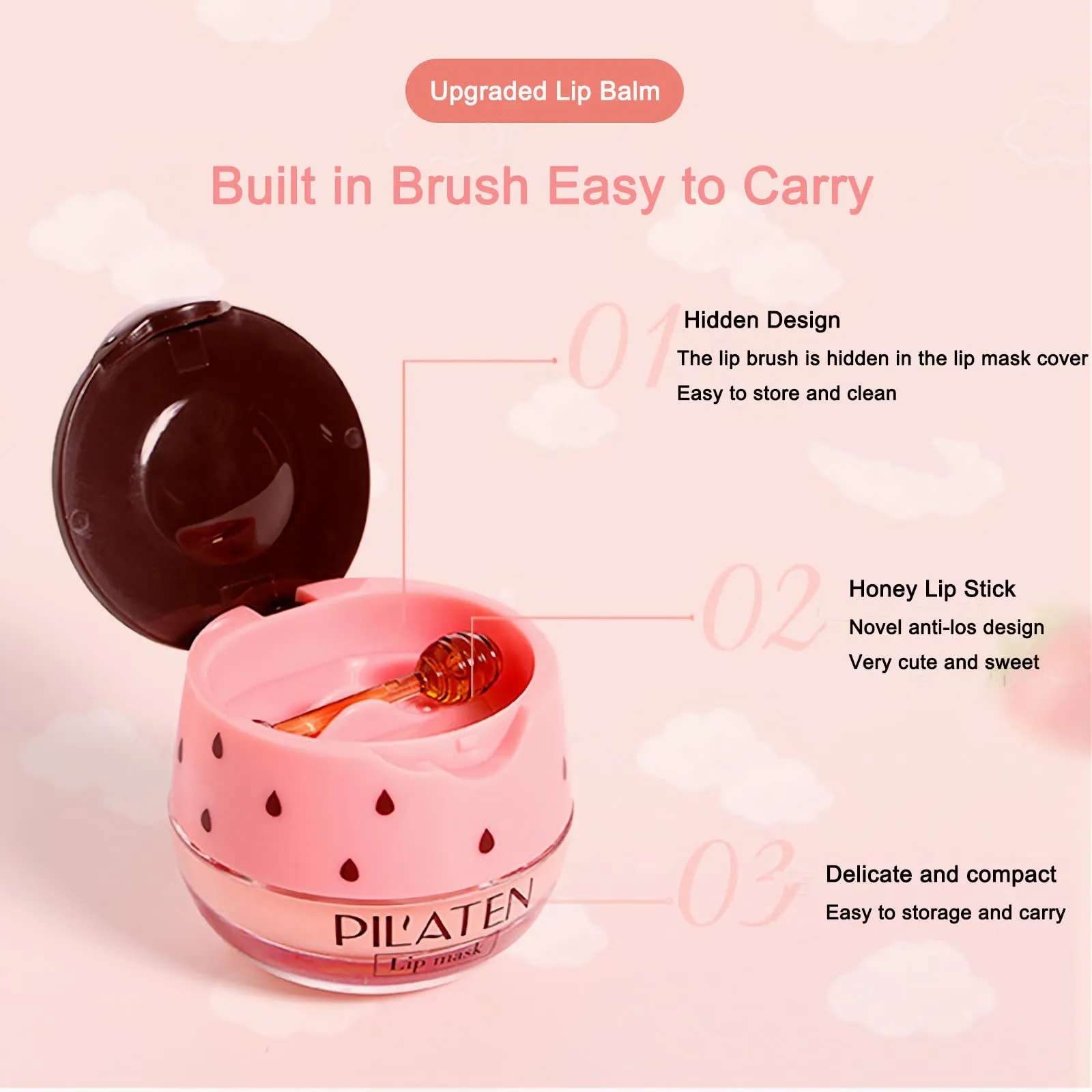 4PCS Nourishing Bee Lip Balm Honey Pot, Honey & Strawberry Lip Mask Moisturizing Lip Balm with Brush, Hydrating & Prevention Dry and Cracked Lips Reduces Lip Lines Lip Care Product