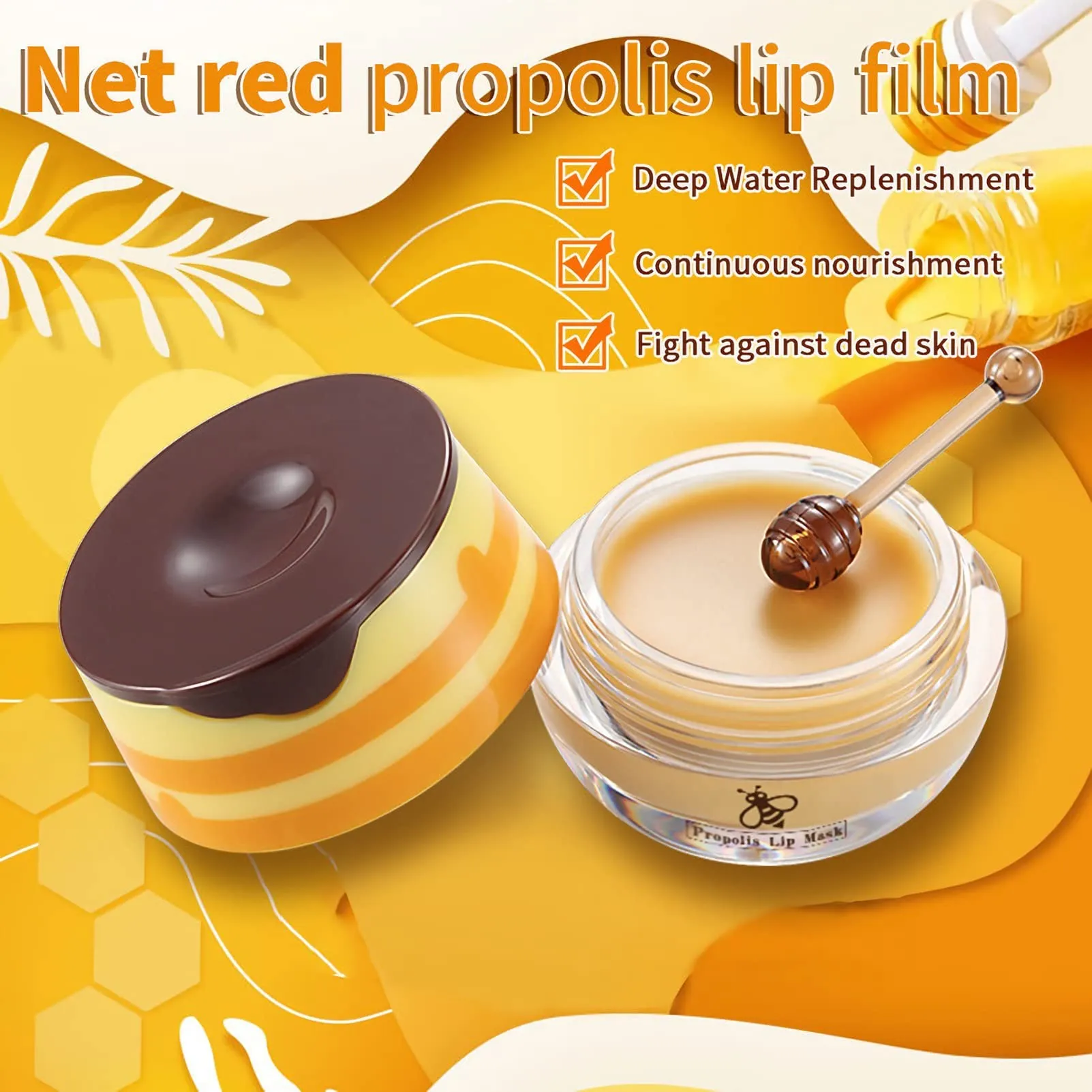 4PCS Nourishing Bee Lip Balm Honey Pot, Honey & Strawberry Lip Mask Moisturizing Lip Balm with Brush, Hydrating & Prevention Dry and Cracked Lips Reduces Lip Lines Lip Care Product