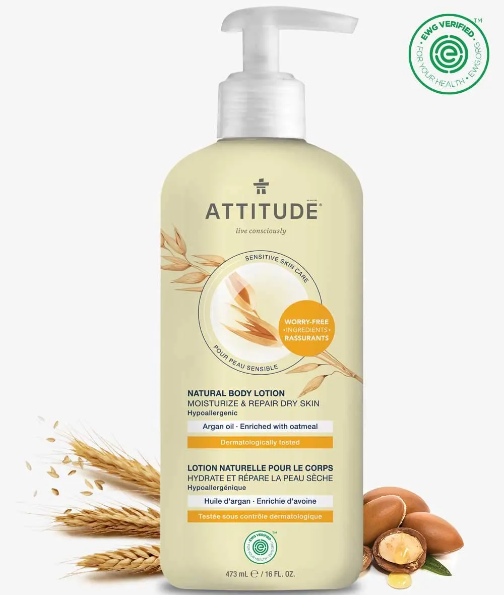 ATTITUDE Moisturizing Body Lotion for Dry & Sensitive Skin, EWG Verified, Dermatologist-tested & Hypoallergenic, Vegan & Cruelty-free Body Moisturizer, Argan Oil, 16 Fl. Oz.