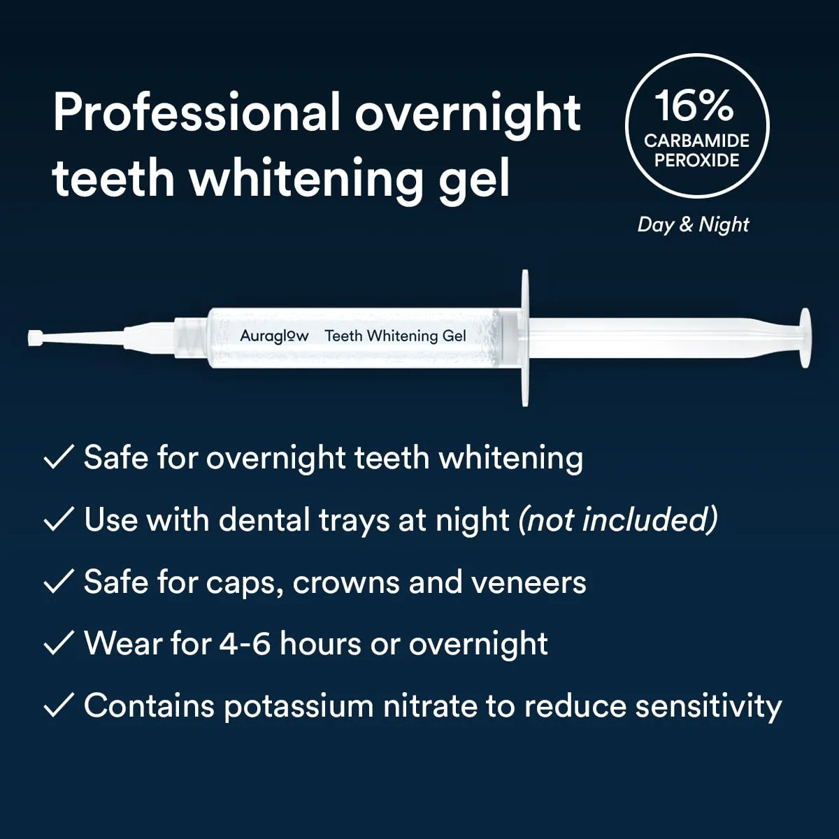 Auraglow 16% Overnight Teeth Whitening Gel Syringe Refills, 16% Carbamide Peroxide, Overnight Teeth Whitening Gel, 30 Whitening Treatments, (3) 5mL Whitening Gel Syringes, Contains Potassium Nitrate