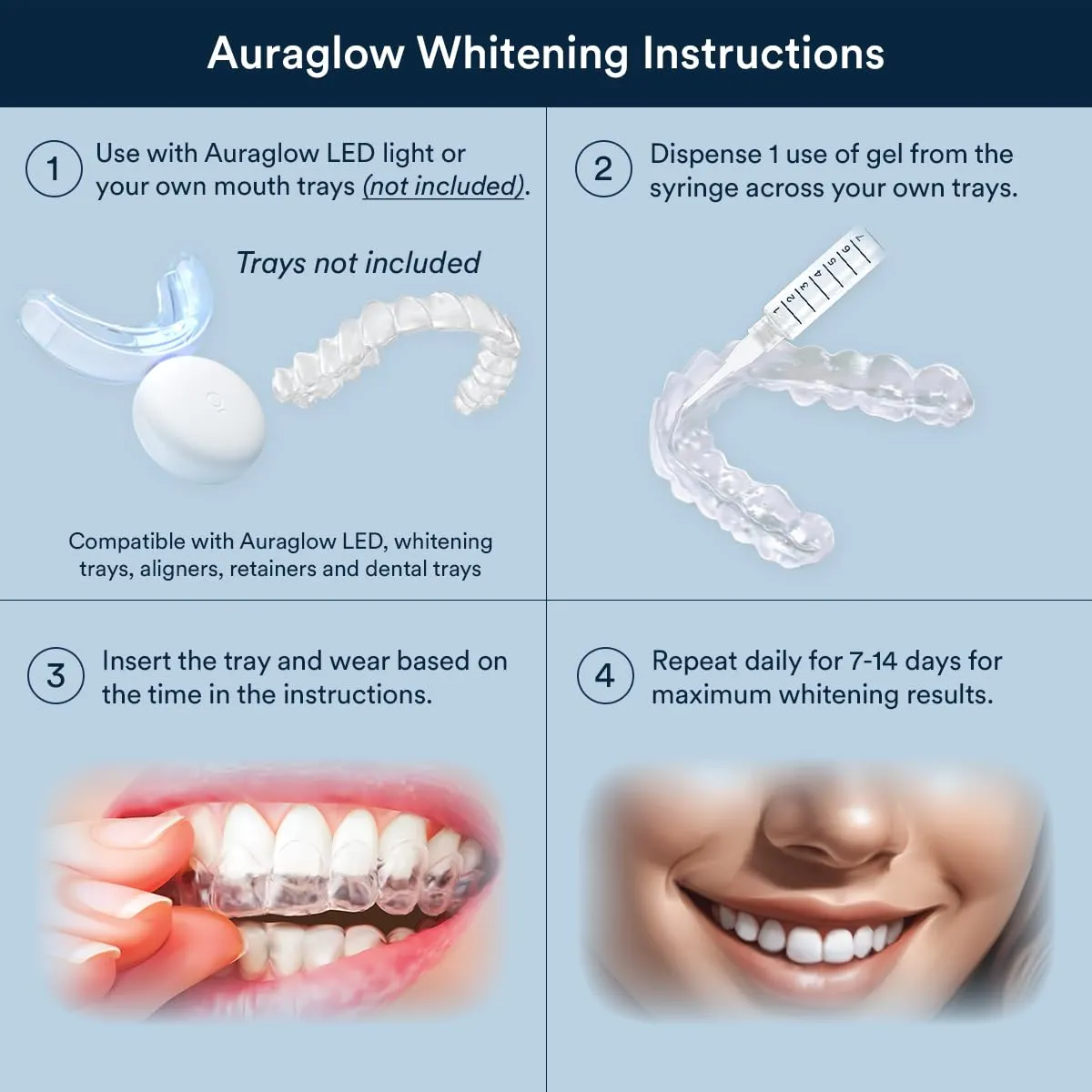 Auraglow 16% Overnight Teeth Whitening Gel Syringe Refills, 16% Carbamide Peroxide, Overnight Teeth Whitening Gel, 30 Whitening Treatments, (3) 5mL Whitening Gel Syringes, Contains Potassium Nitrate