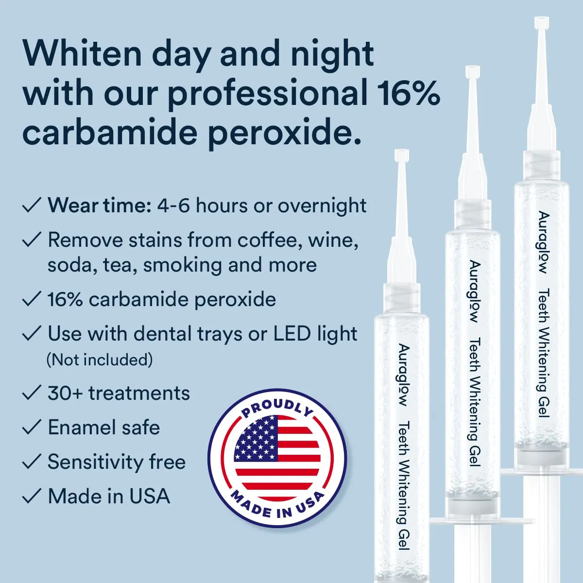 Auraglow 16% Overnight Teeth Whitening Gel Syringe Refills, 16% Carbamide Peroxide, Overnight Teeth Whitening Gel, 30 Whitening Treatments, (3) 5mL Whitening Gel Syringes, Contains Potassium Nitrate