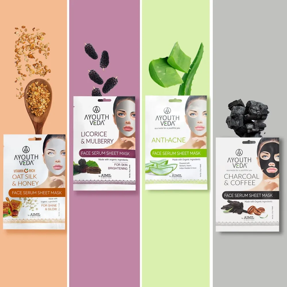 Ayouthveda Face Serum Sheet Mask Combo (20g each 20x4 80g)