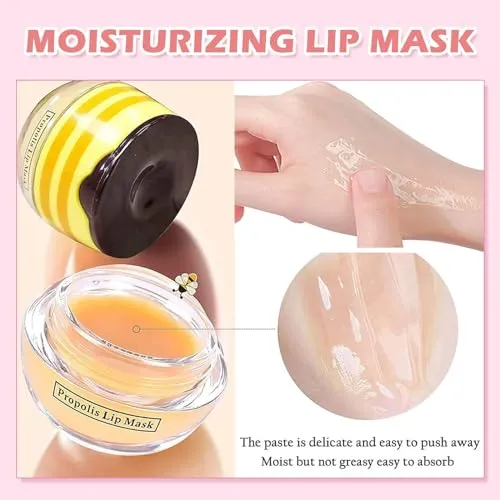 Bee Lip Balm Honey Pot, 2 PCS Strawberry & Honey Hydrating Prevention Dry and Cracked Lip Scrubs Exfoliator, Propolis Moisturizing Lip Sleep Mask Reduces Lip Lines, Lip Exfoliating Honey Bee Lip Mask