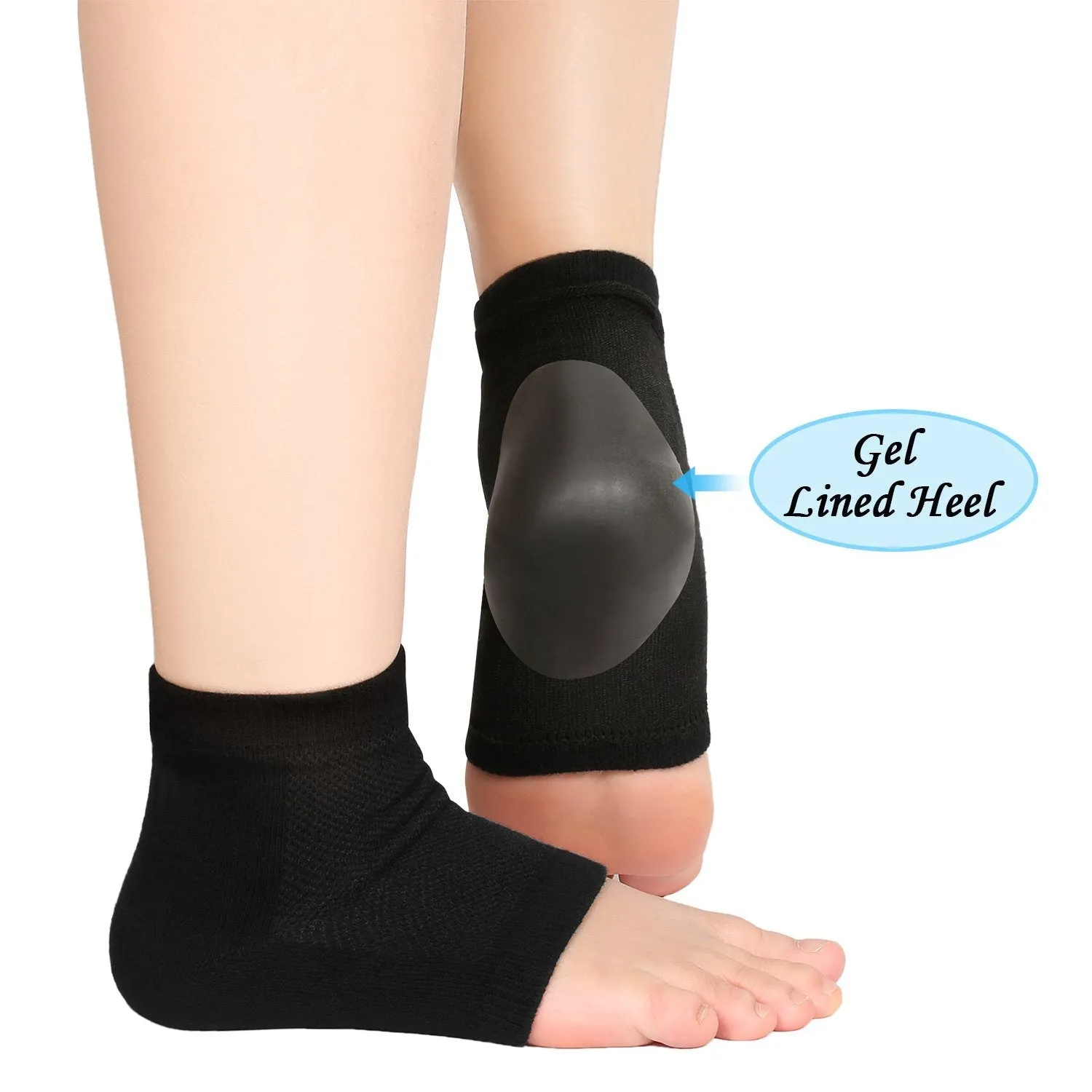 Bememo 3 Pairs Soft Ventilate Gel Heel Socks Open Toe Socks for Dry Hard Cracked Skin Moisturizing Day Night Care Skin (Black, Regular Size)