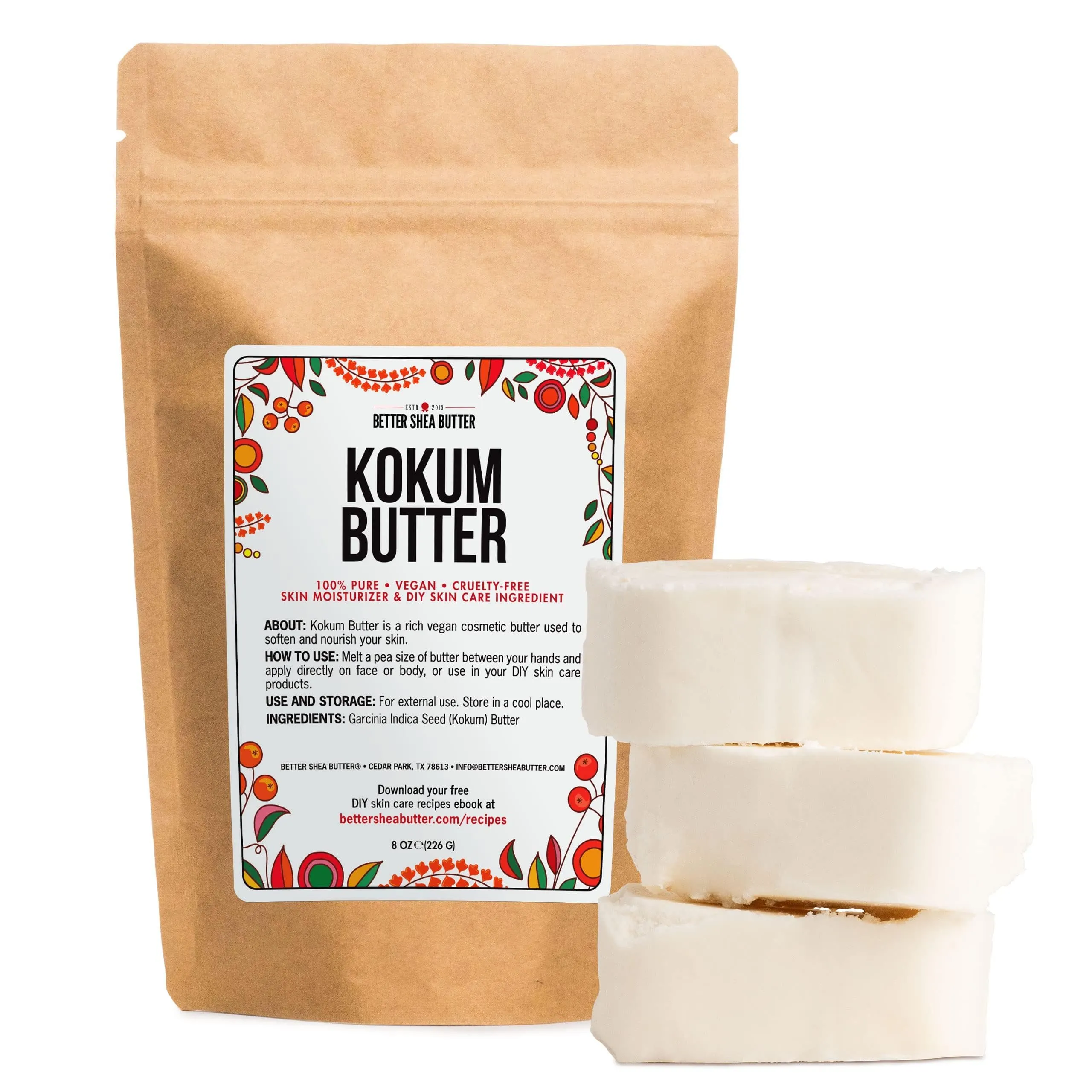 Better Shea Butter Raw Kokum Butter Unrefined - Body Butter Bar for Soap Making and DIY Butter, Skin and Hair Products - Pure, Unscented Skin Butter for Lotion Base - Kokum Butter 8 oz Block