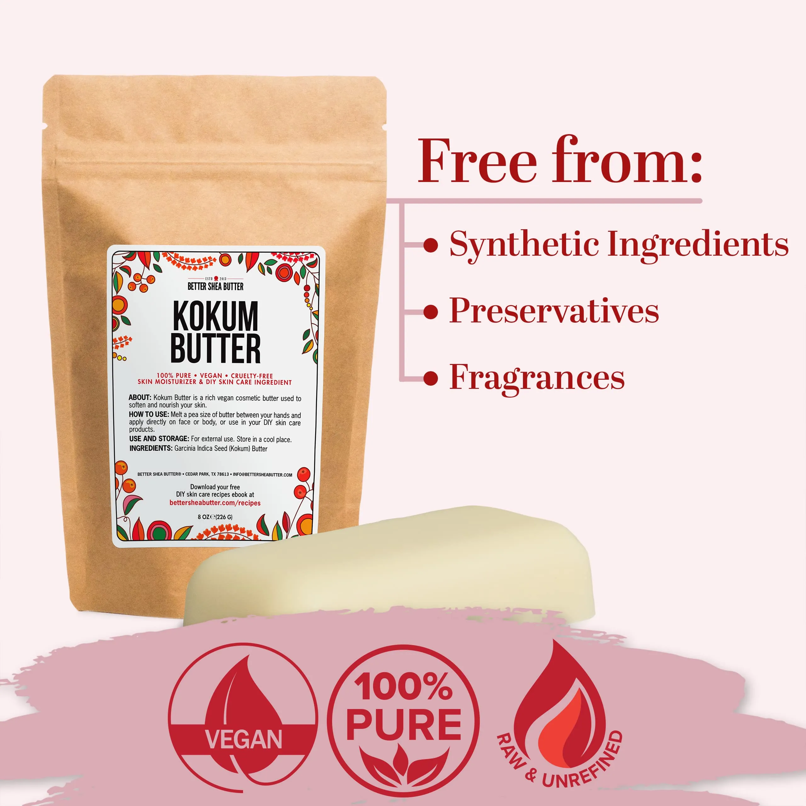 Better Shea Butter Raw Kokum Butter Unrefined - Body Butter Bar for Soap Making and DIY Butter, Skin and Hair Products - Pure, Unscented Skin Butter for Lotion Base - Kokum Butter 8 oz Block