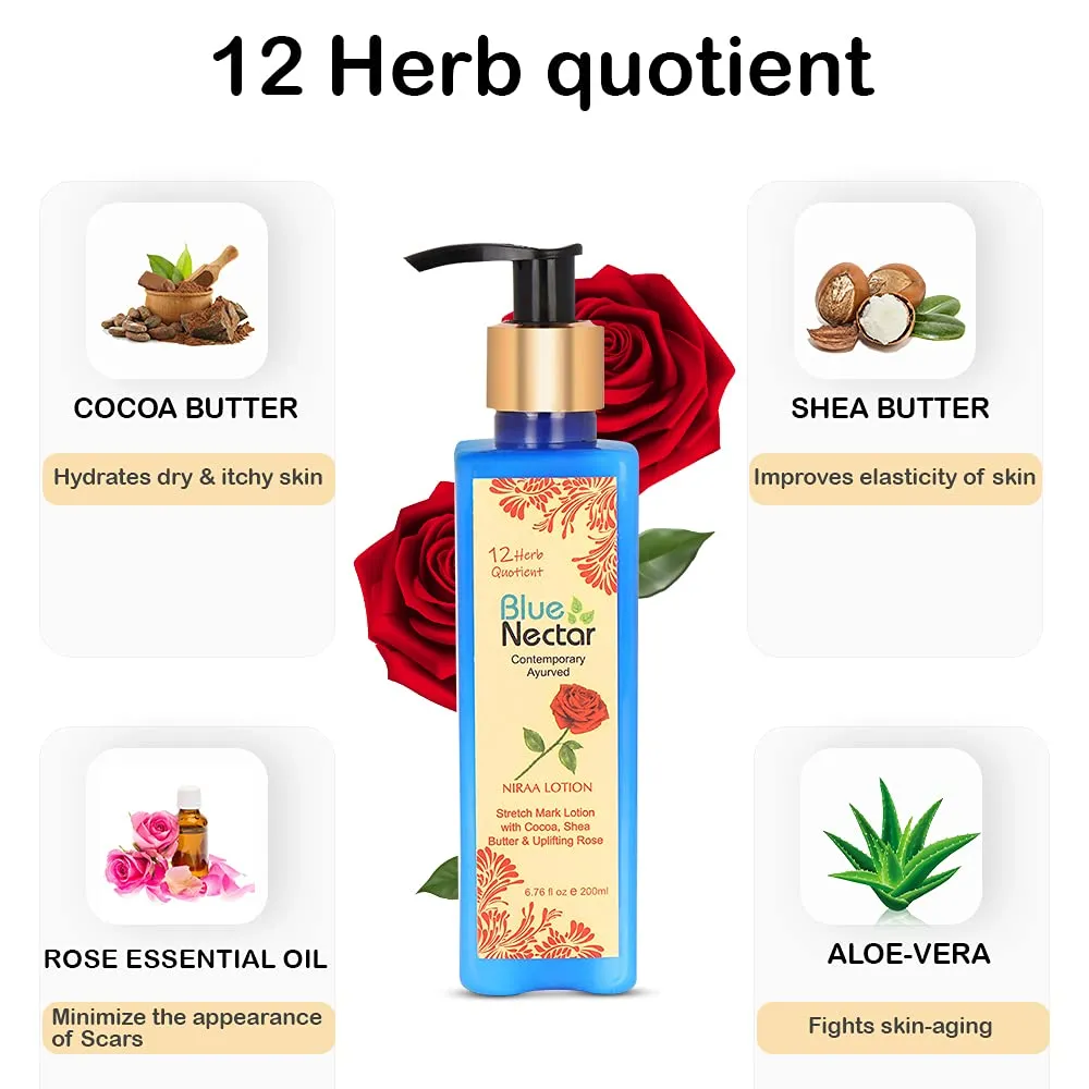 Blue Nectar Stretch Mark Cream, Moisturizing Body Lotion (Deep Hydration) with Natural Cocoa Butter, Shea Butter and Uplifting Rose (12 Herbs, 6.76 fl oz)