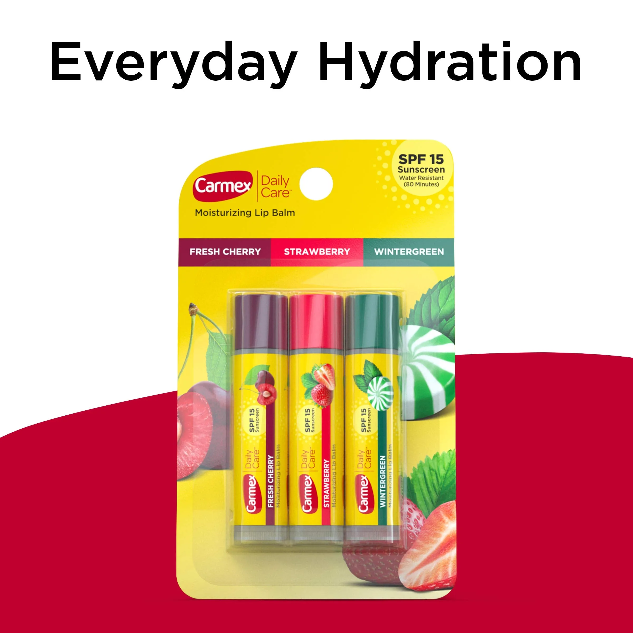 Carmex Daily Care Moisturizing Lip Balm Sticks with SPF, Fresh Cherry, Strawberry and Wintergreen Lip Balm Pack, 0.15 OZ - 3 Count (Pack of 2)