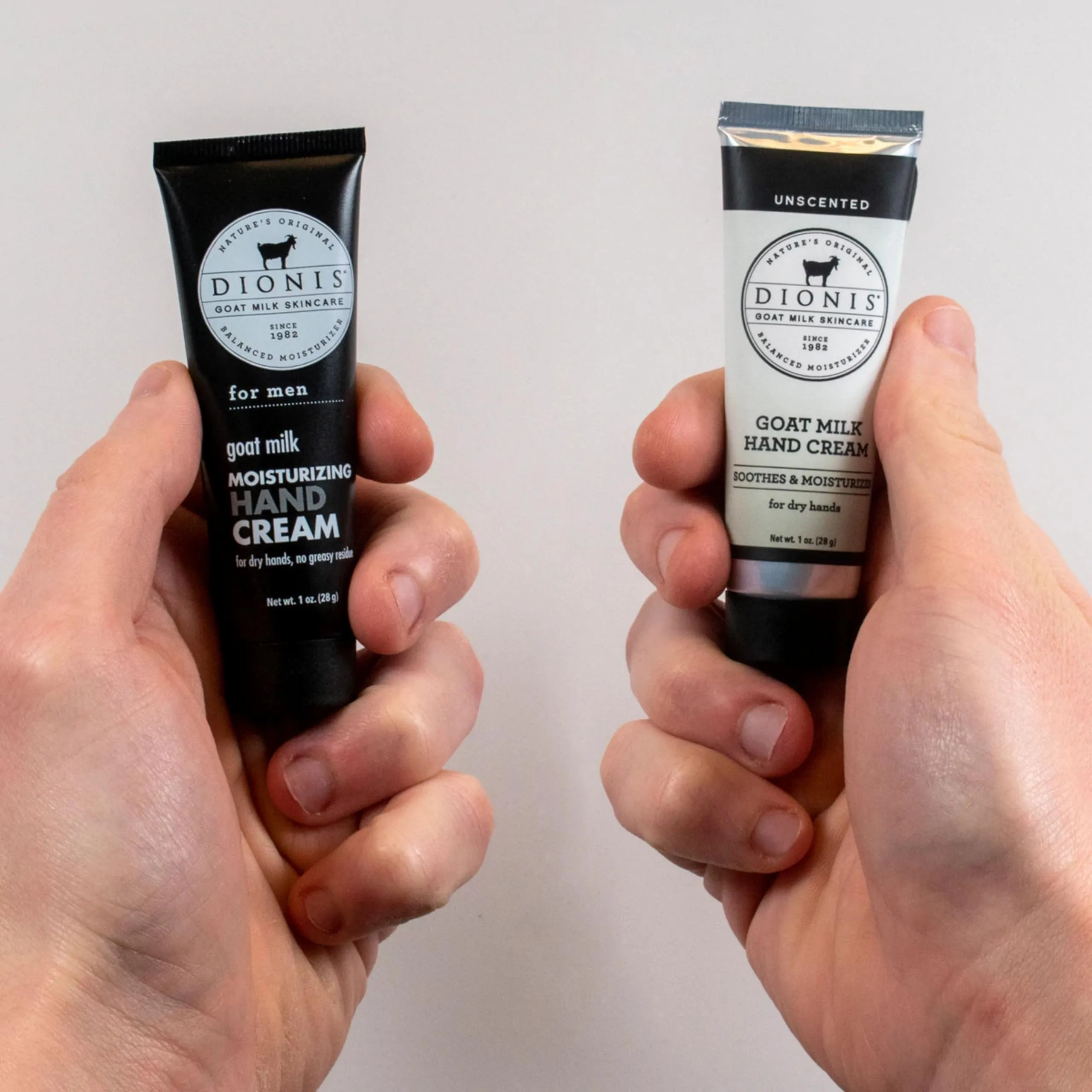 Dionis Goat Milk Skincare Men's Hand Cream Gift Set - Unscented (Fragrance Free) & for Men (Scented) Lotions - Soothe & Relieve Dry, Itchy Hands - Deeply Moisturize & Restore Skin, 2 1 oz Tubes