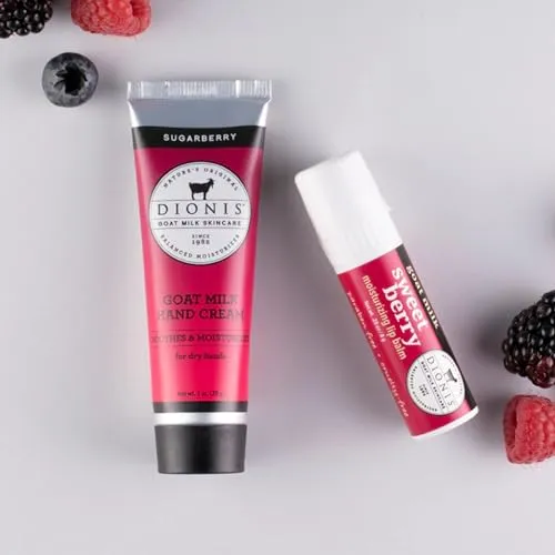 Dionis Goat Milk Skincare Scented Hand Cream & Lip Balm Set (1 oz and .28 oz) - Made in the USA - Cruelty-free and Paraben-free, Berrylicious Gift Set