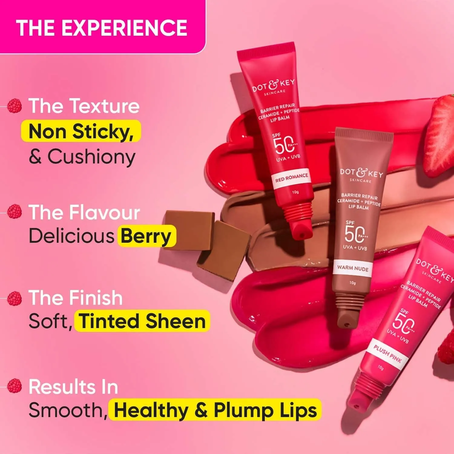 Dot & Key Barrier Repair Ceramide & Peptide SPF 50 Lip Balm - Plush Pink, UVA UVB