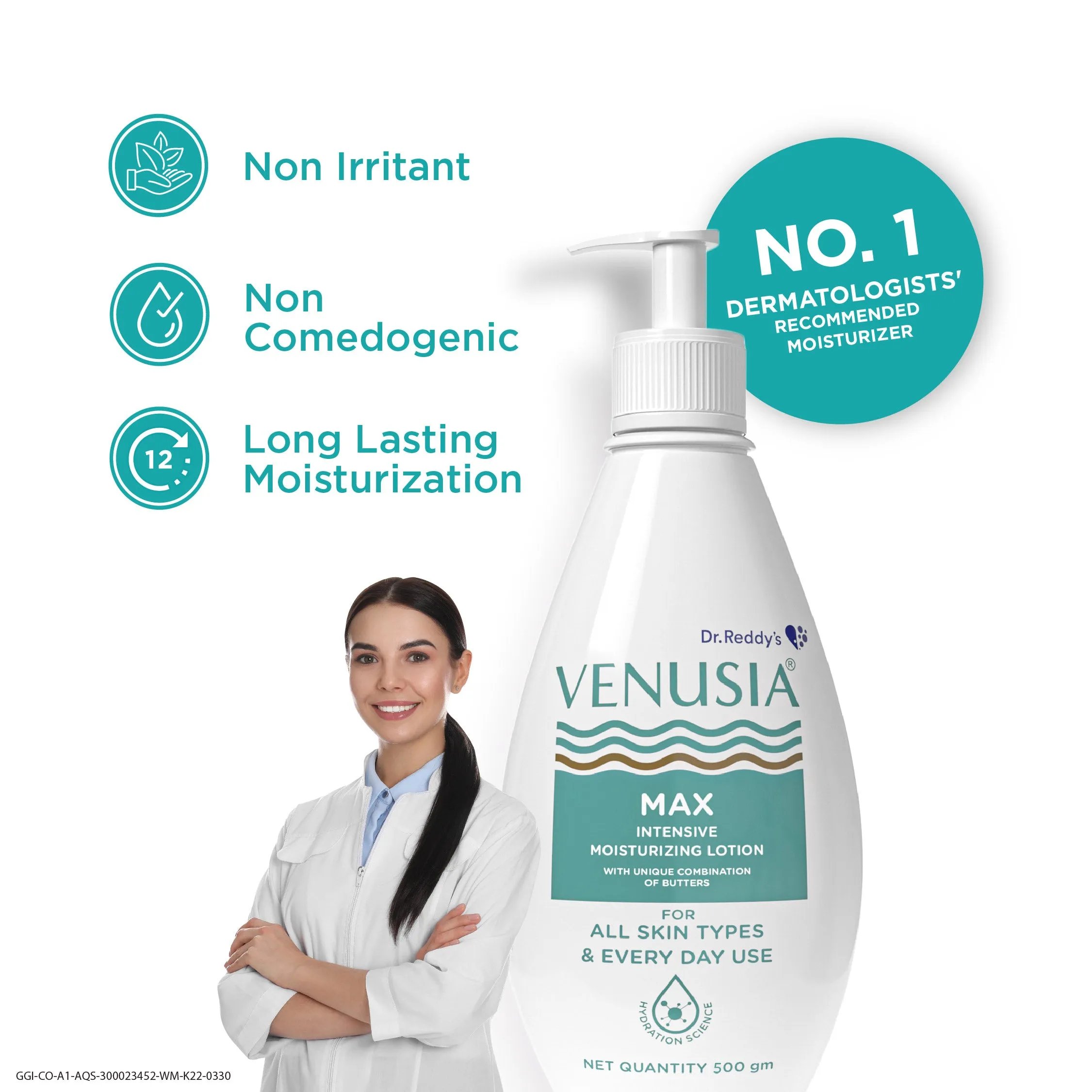 Dr. Reddy's Venusia Max Moisturizing Lotion for Daily Use for Dry Skin, Contains Shea, Mango, Aloe & Cocoa Butter, Paraben Free & Non Irritant Formula, Dermat Recommended, 500 GM