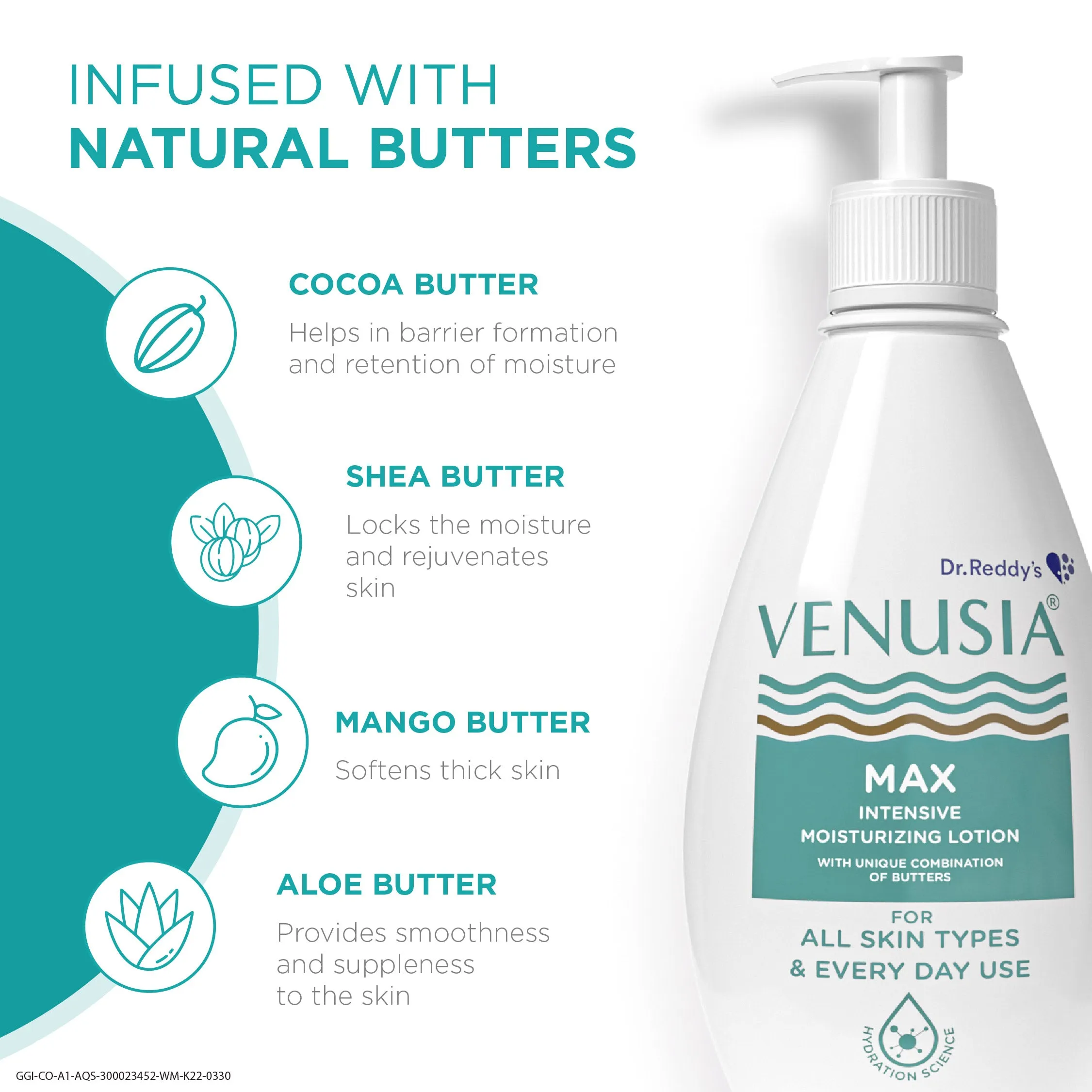 Dr. Reddy's Venusia Max Moisturizing Lotion for Daily Use for Dry Skin, Contains Shea, Mango, Aloe & Cocoa Butter, Paraben Free & Non Irritant Formula, Dermat Recommended, 500 GM
