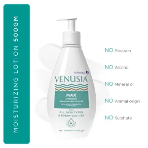 Dr. Reddy's Venusia Max Moisturizing Lotion for Daily Use for Dry Skin, Contains Shea, Mango, Aloe & Cocoa Butter, Paraben Free & Non Irritant Formula, Dermat Recommended, 500 GM