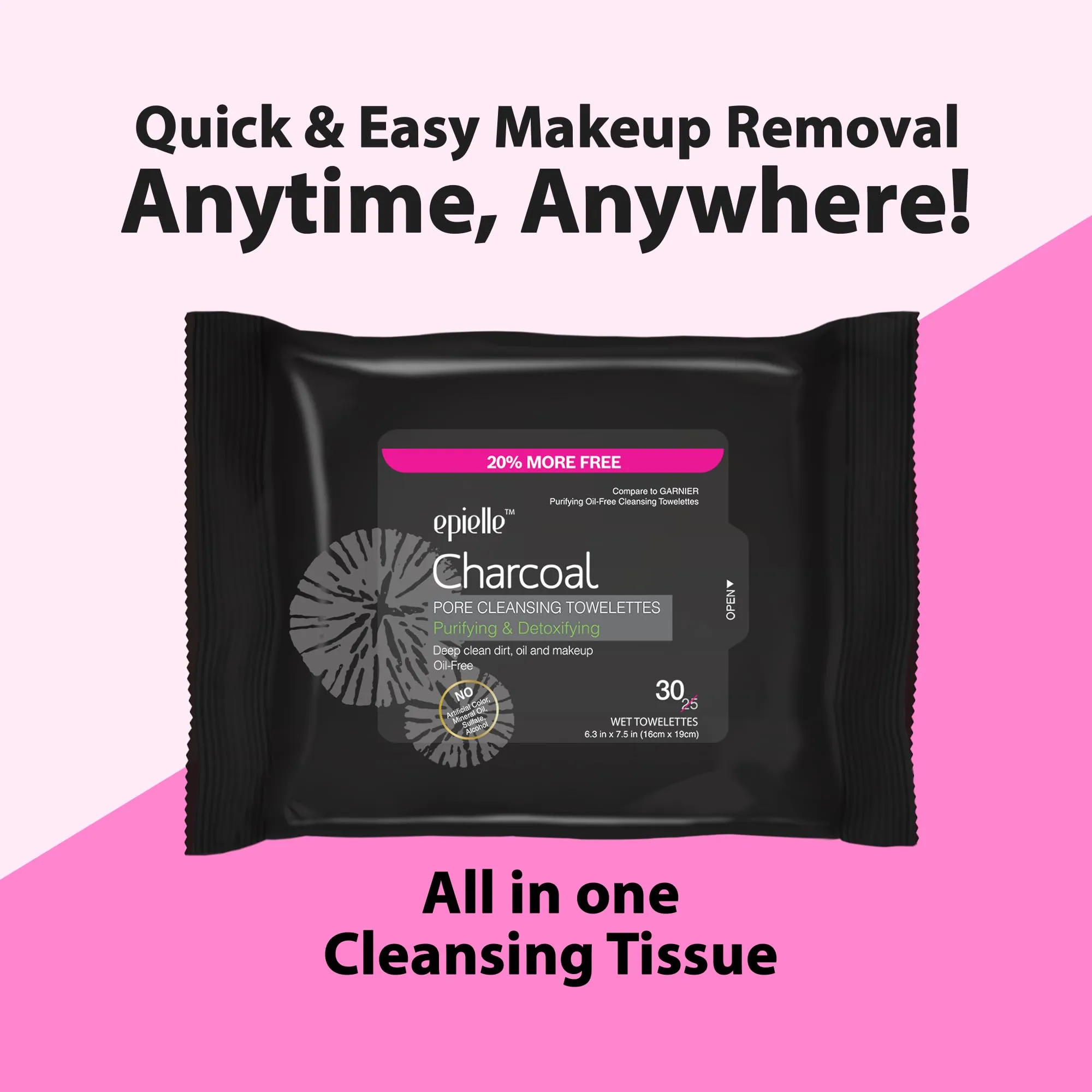 Epielle Charcoal Makeup Remover Wipes | For All Skin Types | Daily Facial Towelettes | Removes Dirt, Oil, Waterproof Makeup | Pack of 2 | Korean Skincare