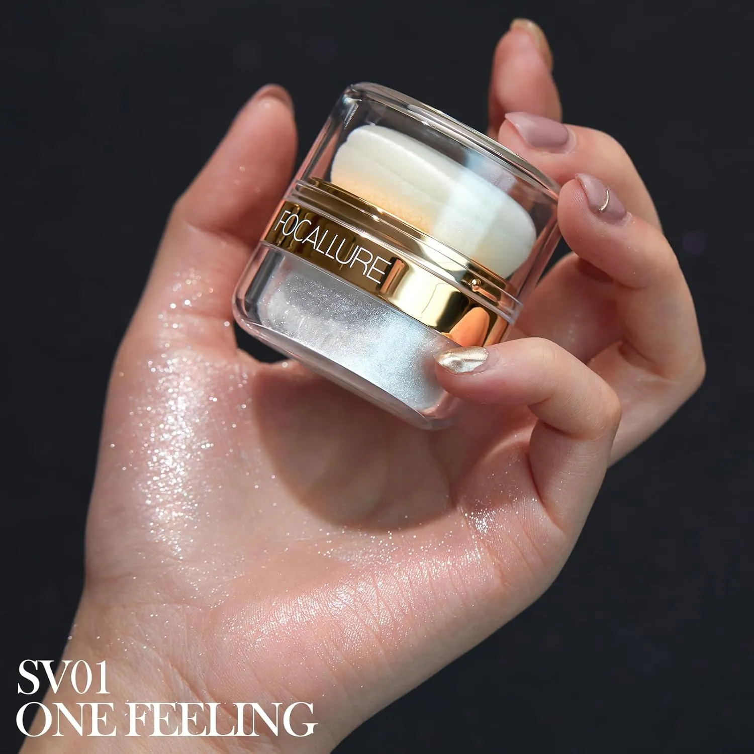 FOCALLURE Shimmer Highlighter Powder, Face & Body Highlighter Illuminator, Brightening Makeup with Powder Puff, Give your a Sparkle Glow Finish,SV01 One Feeling