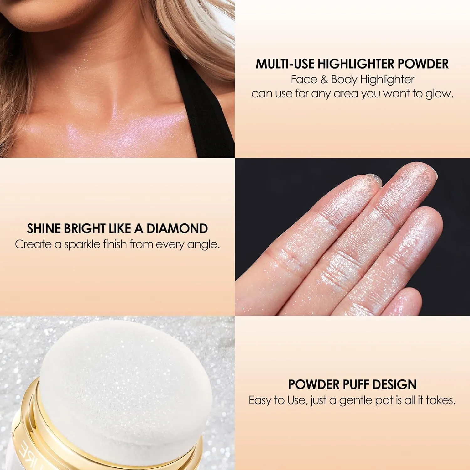 FOCALLURE Shimmer Highlighter Powder, Face & Body Highlighter Illuminator, Brightening Makeup with Powder Puff, Give your a Sparkle Glow Finish,SV01 One Feeling