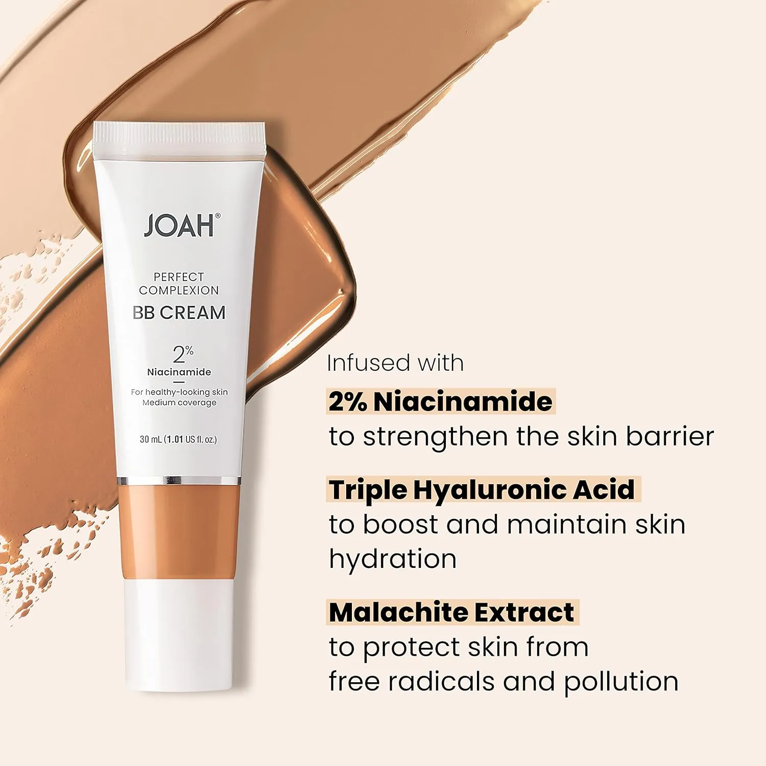 JOAH Beauty Perfect Complexion BB Cream with Hyaluronic Acid and Niaciminade, Korean Makeup with Medium Buildable Coverage, Evens Skin Tone, Lightweight, Semi Matte Finish, Light with Warm Undertones