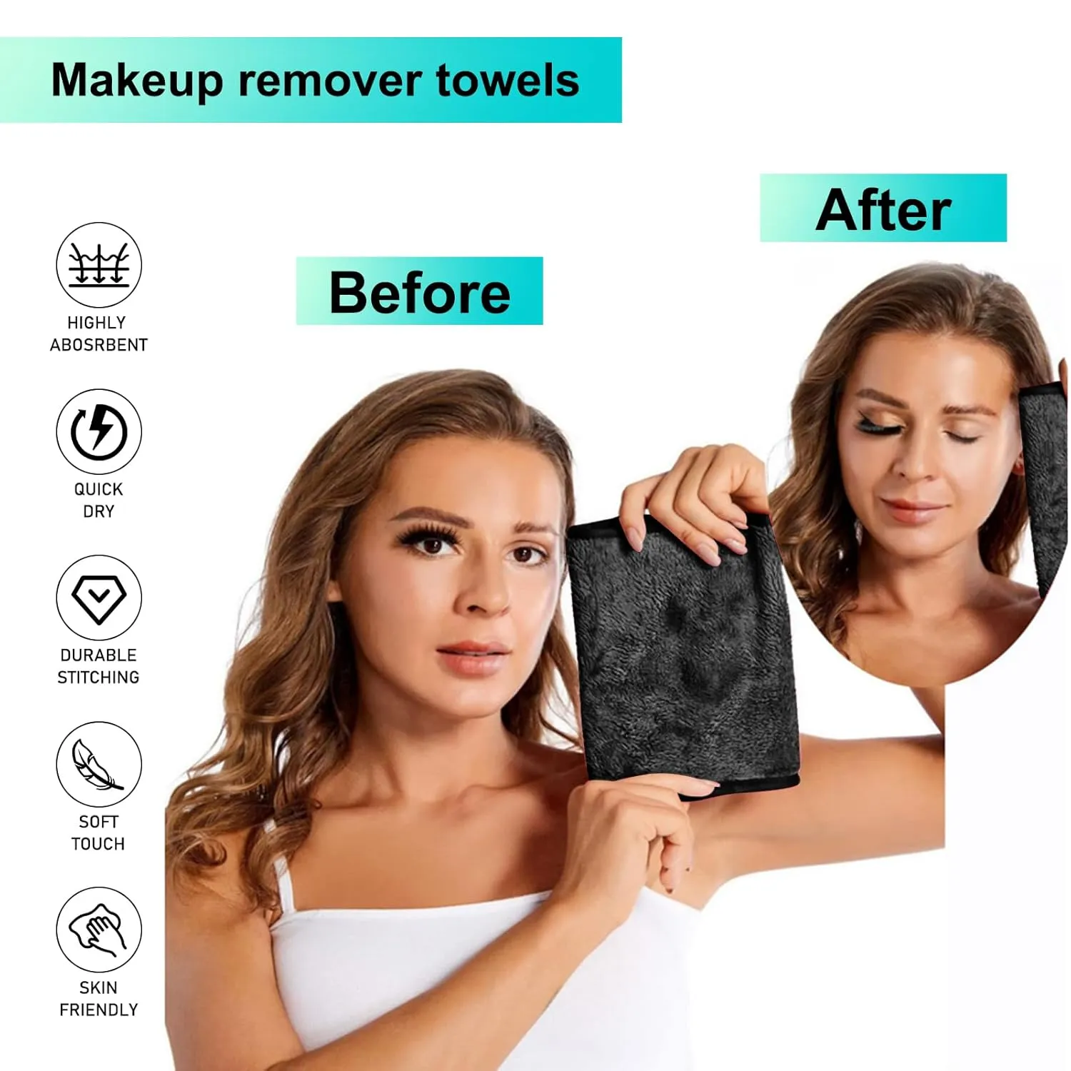 Makeup Remover Cloth Cleansing Towel - Chemical Free - Move Makeup Instantly with Just Water (3 Black)