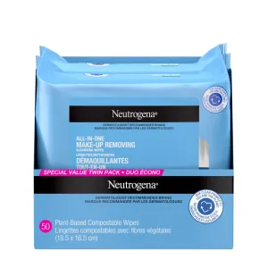 Neutrogena Makeup Remover Facial Cleansing Towelettes, Daily Face Wipes to Remove Dirt, Oil, Makeup & Waterproof Mascara, Gentle, Alcohol-Free, Special Value Twin Pack, Plant Based and Compostable 50 Count
