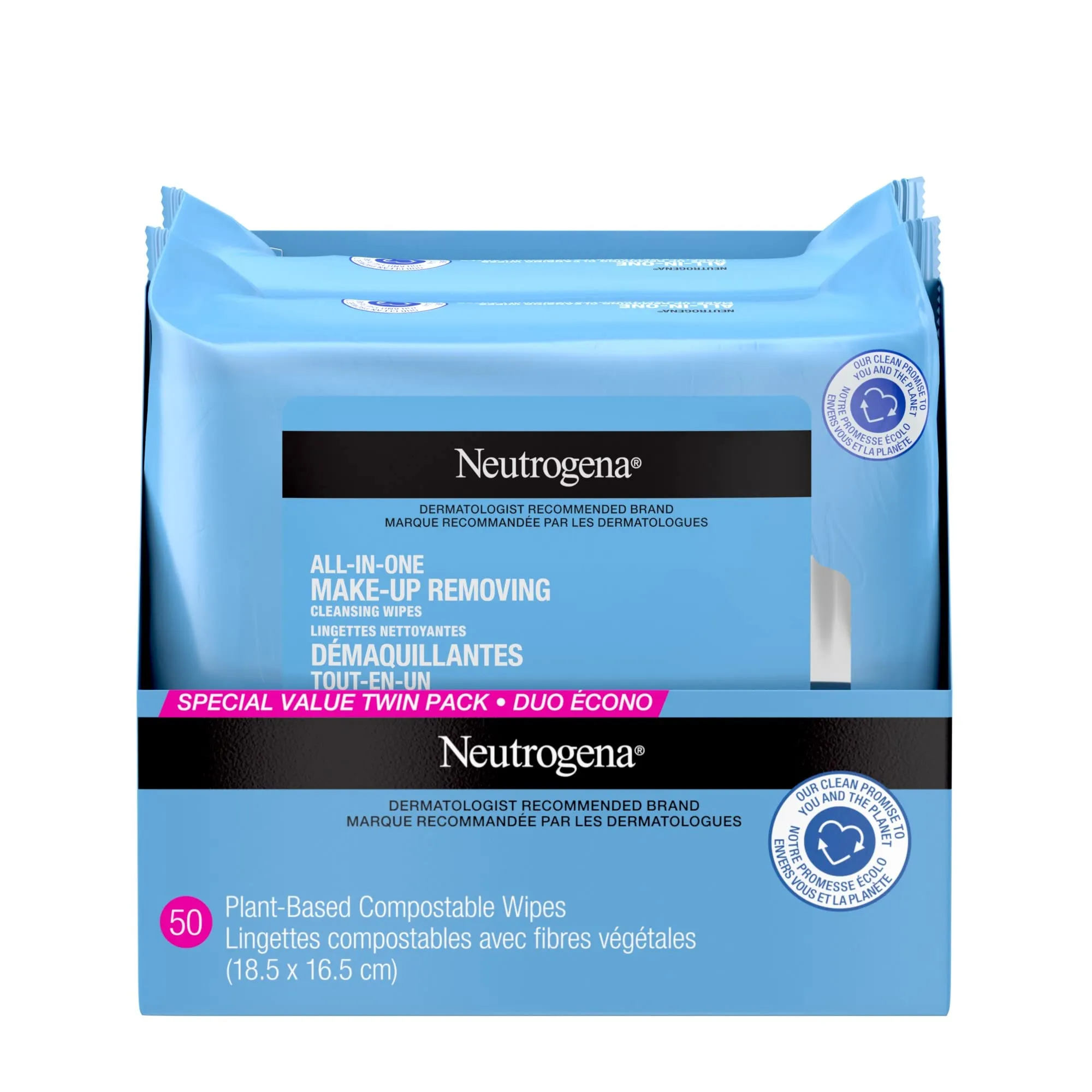 Neutrogena Makeup Remover Facial Cleansing Towelettes, Daily Face Wipes to Remove Dirt, Oil, Makeup & Waterproof Mascara, Gentle, Alcohol-Free, Special Value Twin Pack, Plant Based and Compostable 50 Count