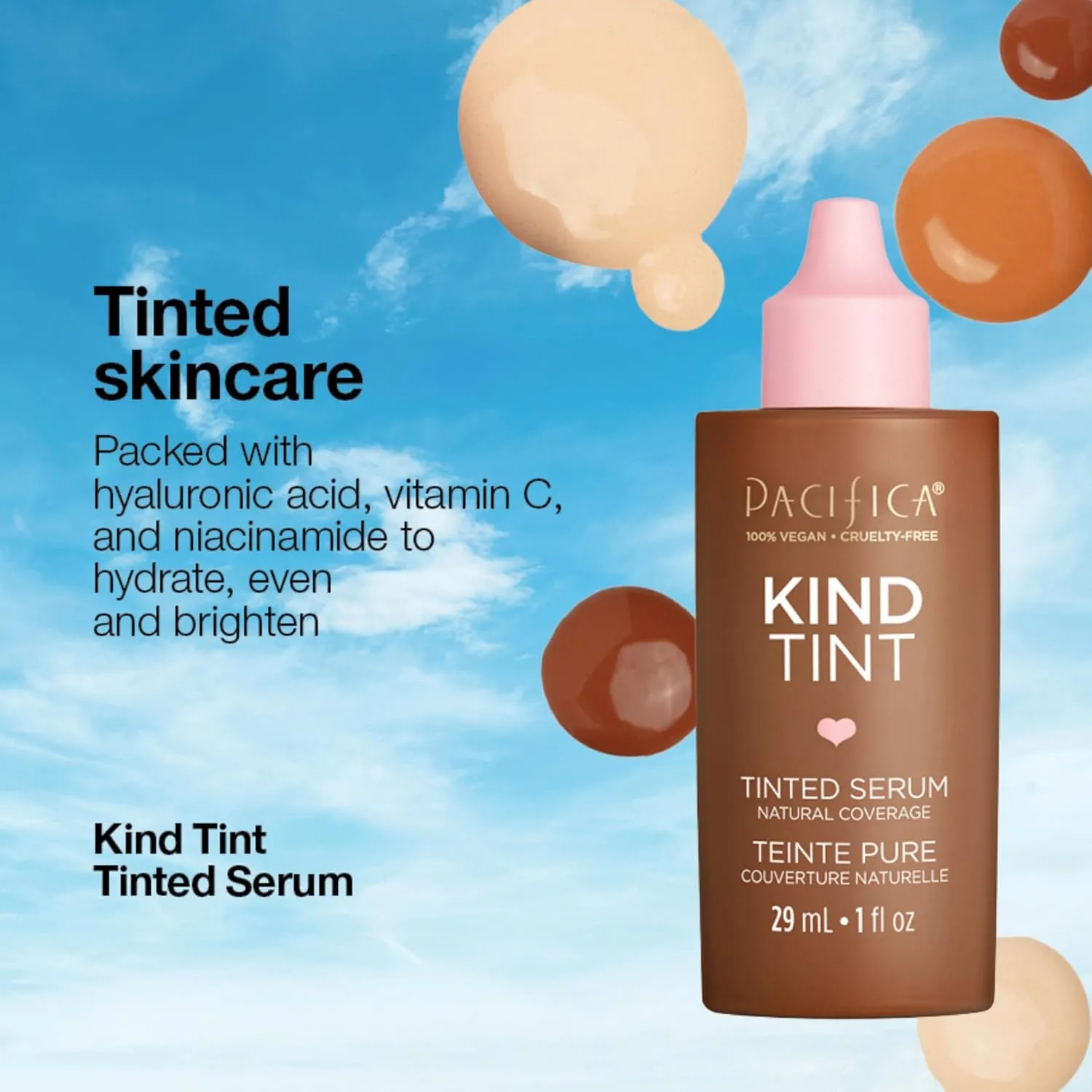 Pacifica Tinted Moisturizer  Kind Tint Serum, Lightweight Hydrating Foundation with Vegan Collagen & Hyaluronic Acid for Dewy Glow, Buildable Coverage, Vegan, 1 fl oz (Shade 02)