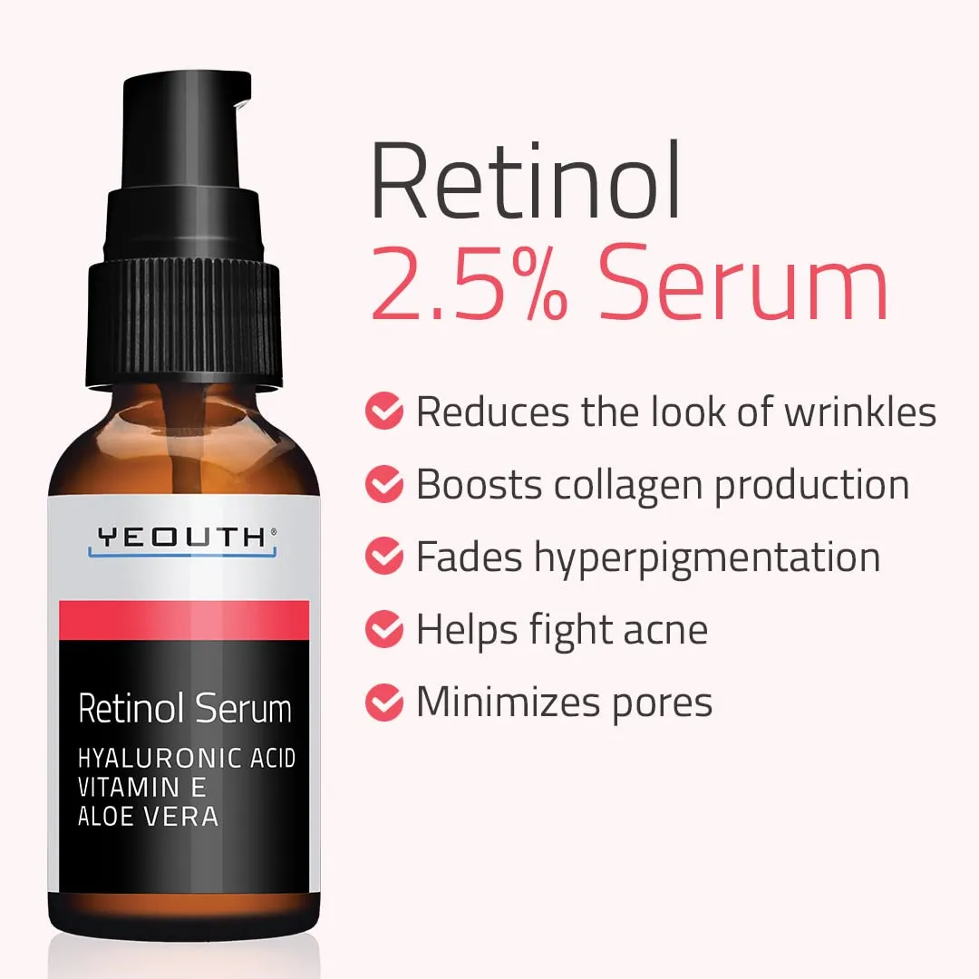 Retinol Serum 2.5% with Hyaluronic Acid, Aloe Vera, Vitamin E - Boost Collagen Production, Reduce Wrinkles, Fine Lines, Even Skin Tone, Age Spots, Sun Spots - 1 fl oz - Yeouth … (1oz)