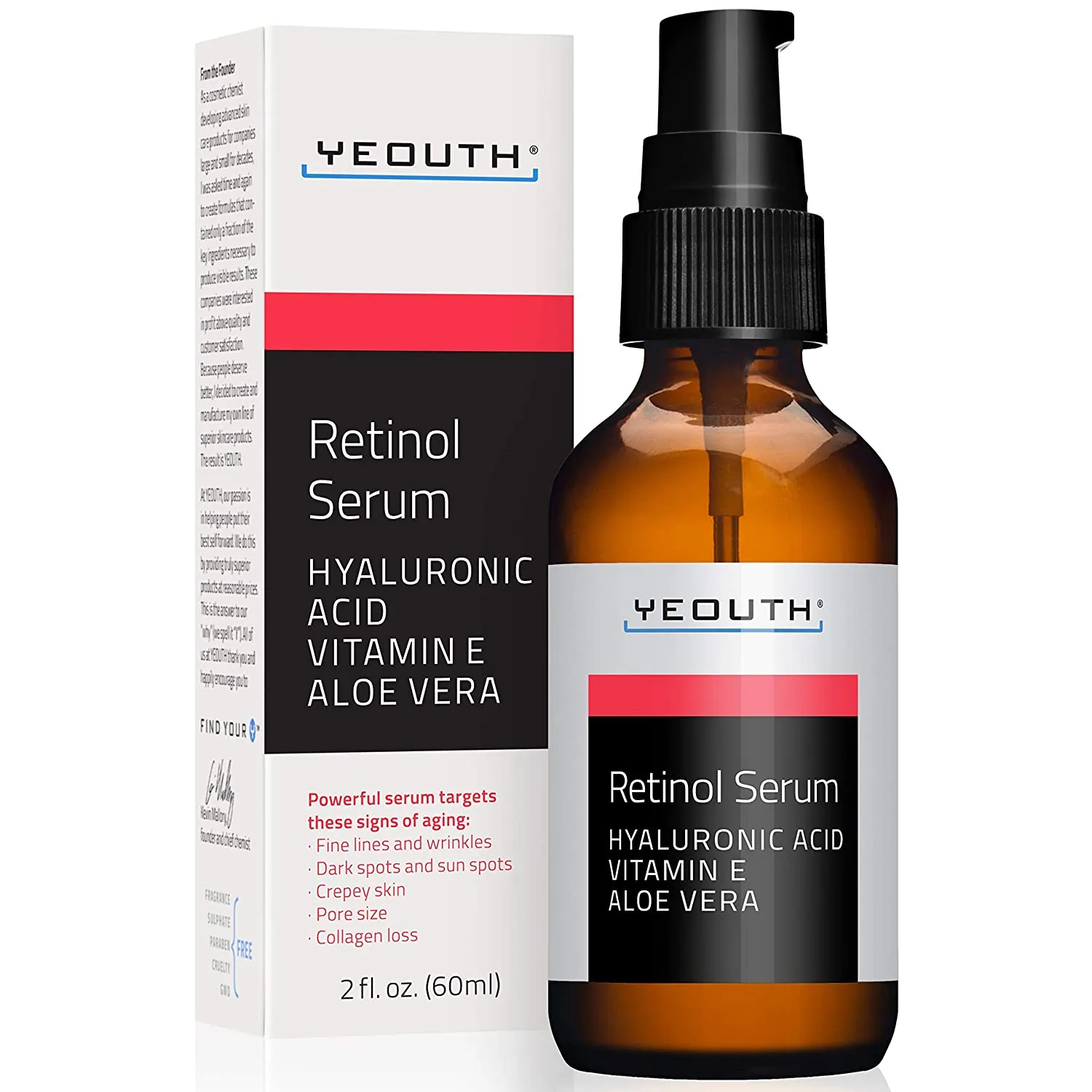Retinol Serum 2.5% with Hyaluronic Acid, Aloe Vera, Vitamin E - Boost Collagen Production, Reduce Wrinkles, Fine Lines, Even Skin Tone, Age Spots, Sun Spots - 1 fl oz - Yeouth … (1oz)