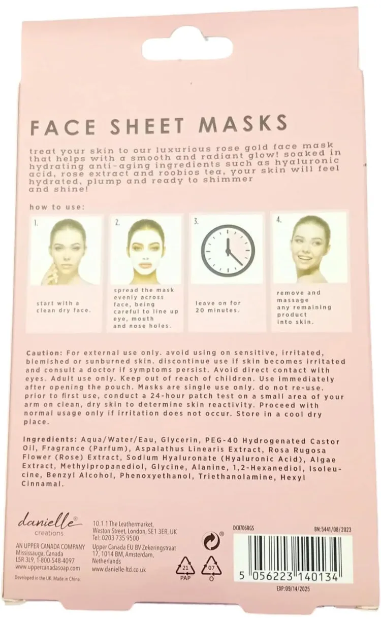 Rose Gold Shimmer Sheet Face Masks - Pack Of 5