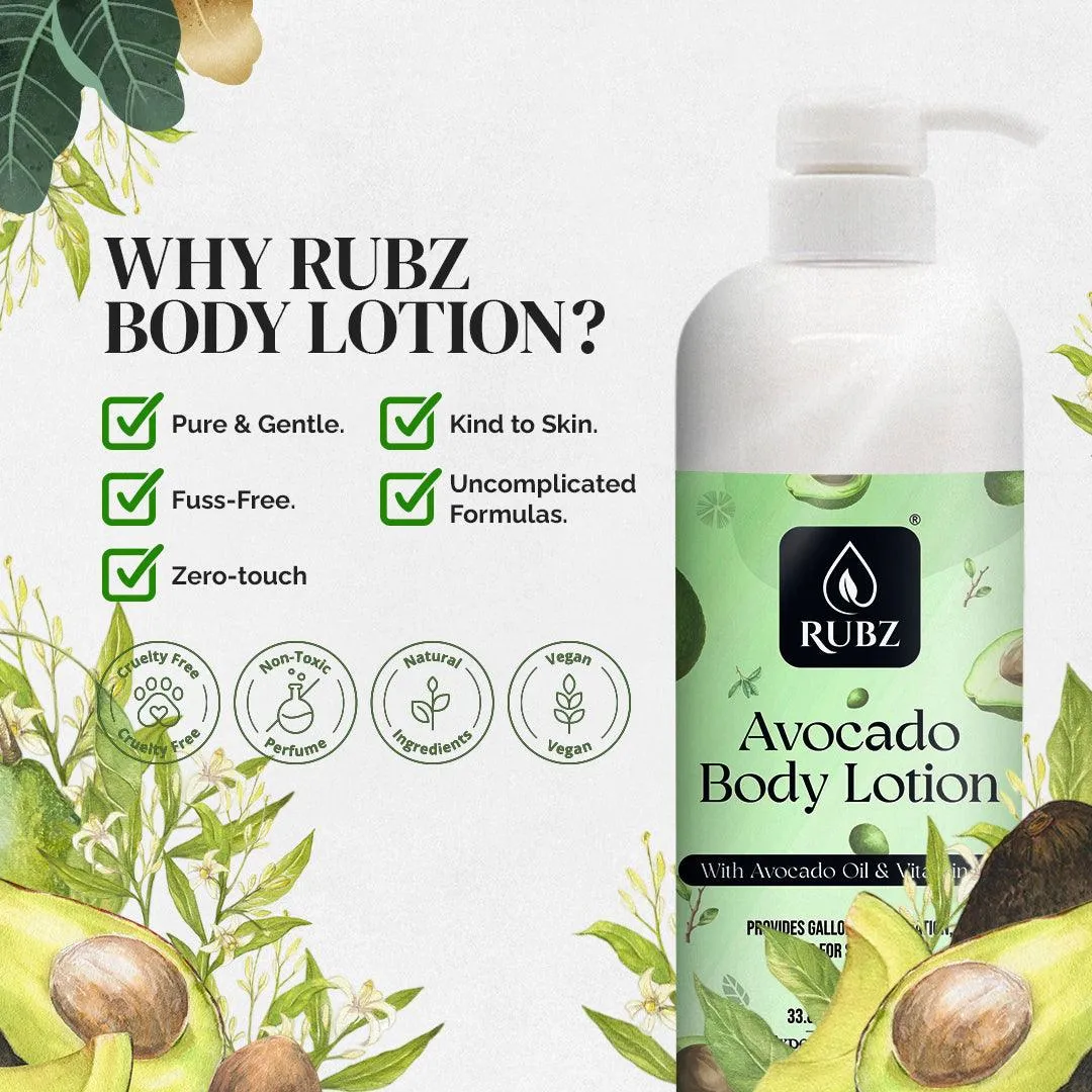 Rubz Avocado Body Milk with goodness of Pure Avocado Oil 1 Kg | Bulk Body Lotion 1 Litre | Best for Hotel, Spa, Salon