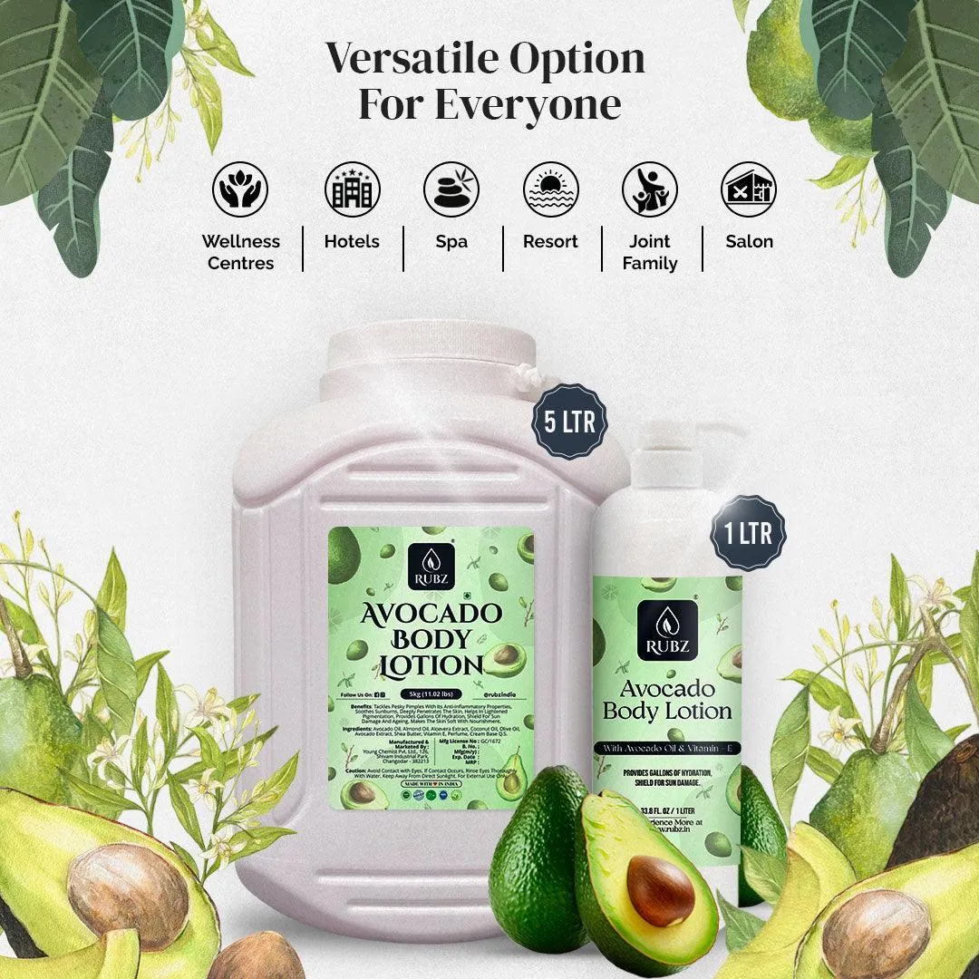 Rubz Avocado Body Milk with goodness of Pure Avocado Oil 1 Kg | Bulk Body Lotion 1 Litre | Best for Hotel, Spa, Salon