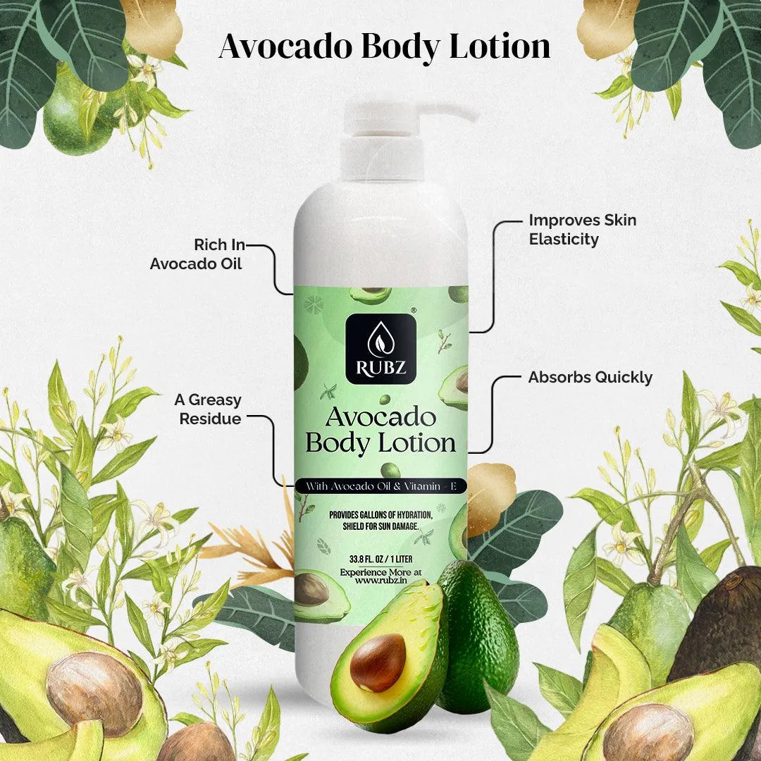 Rubz Avocado Body Milk with goodness of Pure Avocado Oil 1 Kg | Bulk Body Lotion 1 Litre | Best for Hotel, Spa, Salon
