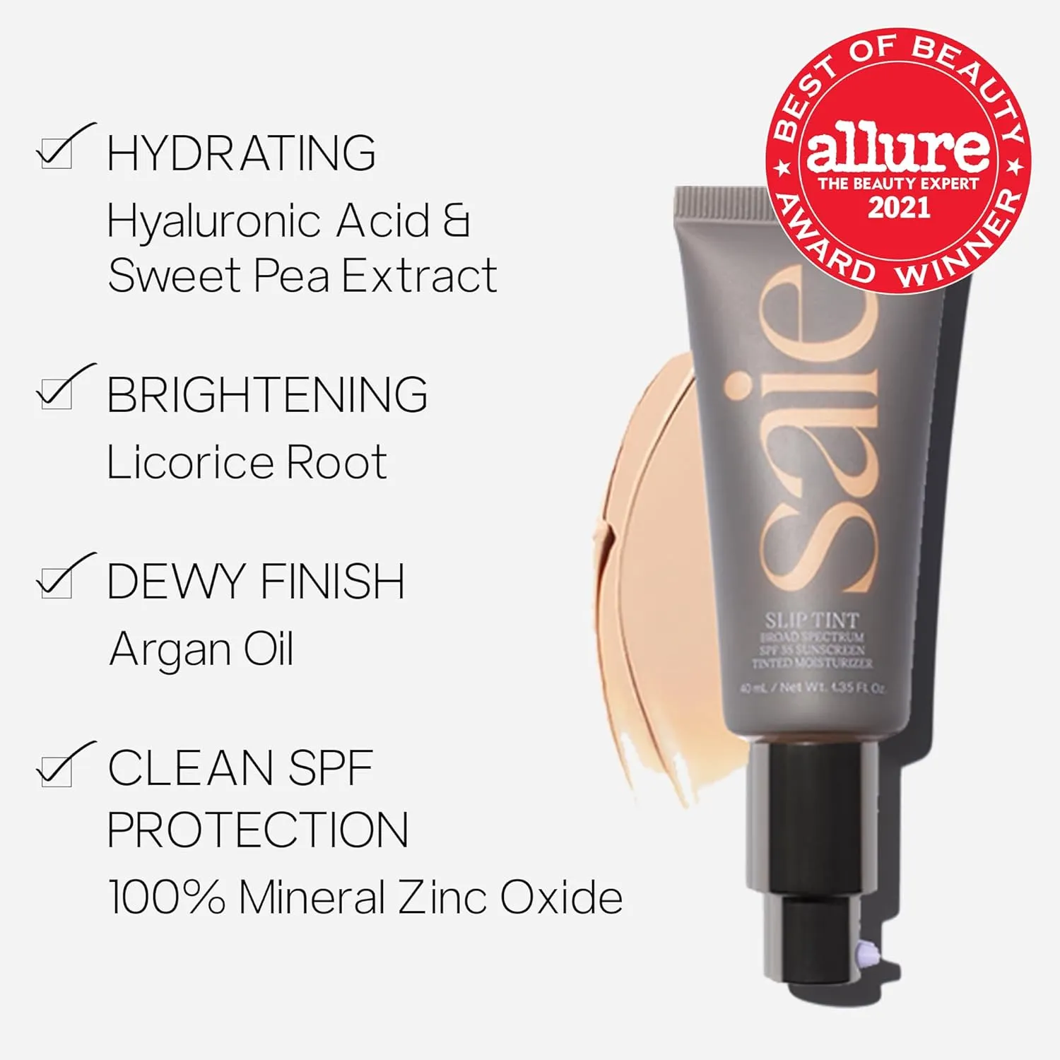 Saie Slip Tint Tinted Moisturizer with SPF 35 - Light Coverage, Glowy Skin Tint & Mineral Sunscreen for Face with Hydrating Hyaluronic Acid - Summer Makeup Essential - Shade Four   Half (1.35 oz)