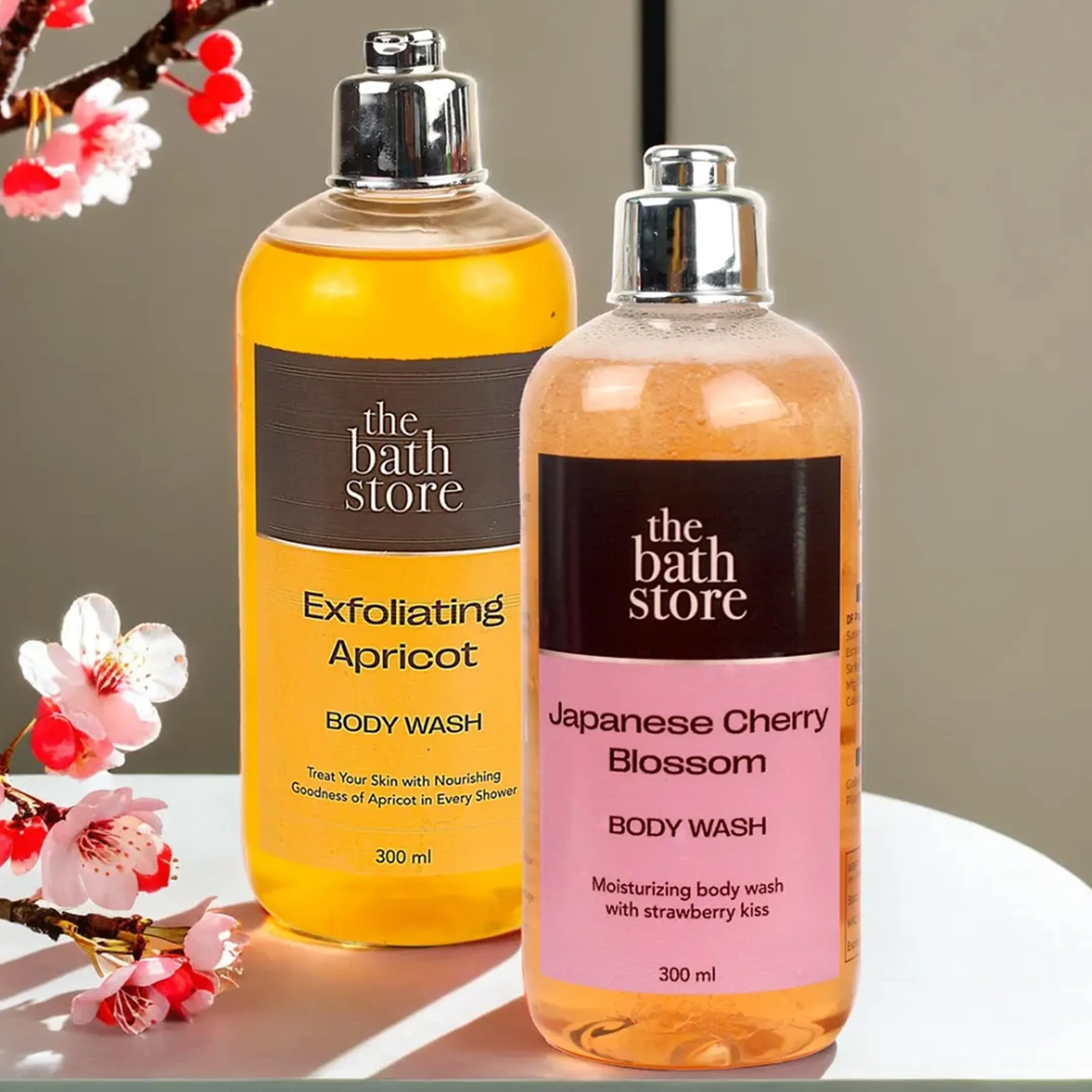The Bath Store Body Wash Shower Gel Pack of 2 (Exfoliating Apricot   Japanese Cherry Blossom) | Exfoliating Body Wash For Dry Skin & Oily Skin | Tan Removal Body Wash For women & men - (300 * 2) ml