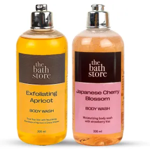 The Bath Store Body Wash Shower Gel Pack of 2 (Exfoliating Apricot   Japanese Cherry Blossom) | Exfoliating Body Wash For Dry Skin & Oily Skin | Tan Removal Body Wash For women & men - (300 * 2) ml
