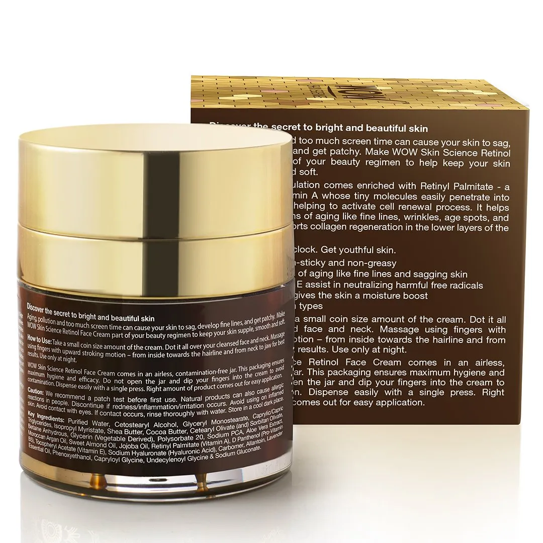 WOW Skin Science Retinol Face Cream - Oil Free, Quick Absorbing - For All Skin Types - No Parabens, Silicones, Color, Mineral Oil & Synthetic Fragrance - 50 ml